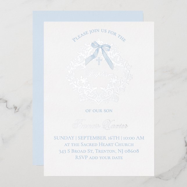 Invitación Con Relieve Metalizado escudo de plata bebé niño Bautismo (Anverso/Reverso)