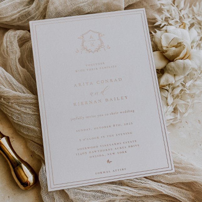 Invitación Con Relieve Metalizado Escudo del Monograma de Vines sin tiempo (Subido por el creador)