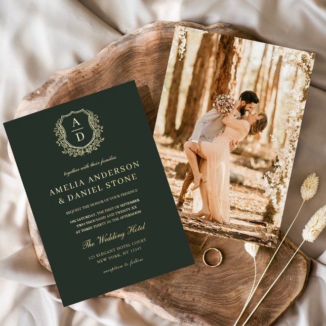 Invitación Con Relieve Metalizado Escudo moderno con gota de oro Monograma Boda foto (Subido por el creador)