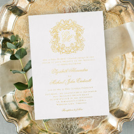 Invitación Con Relieve Metalizado Escudo Monograma formal Boda elegante Todo Oro