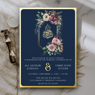 Invitación Con Relieve Metalizado Escudo morado floral azul Boda musulmán oro
