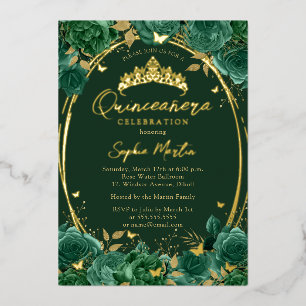 Invitación Con Relieve Metalizado Esmeralda Captivante Floral Mariposa Quinceañera