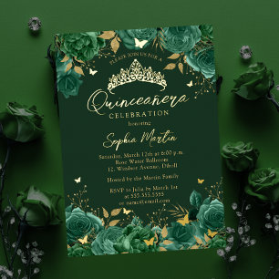 Invitación Con Relieve Metalizado Esmeralda Encantadora Mariposa Floral Quinceanera