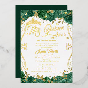 Invitación Con Relieve Metalizado Esmeralda Floral Scroll Quince Quinceanera