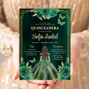 Invitación Con Relieve Metalizado Esmeralda Floral Verde Dorado Mariposa Quinceañera