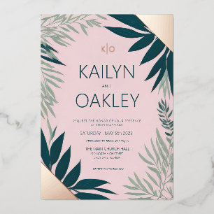 Invitación Con Relieve Metalizado Esmeralda Follaje Rosa Verde Bodas Rosa Oro