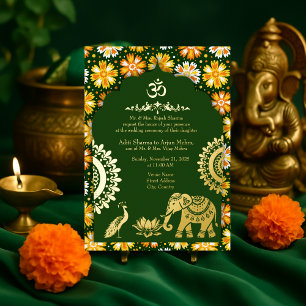 Invitación Con Relieve Metalizado esmeralda hindú pavo real loto boda oro guión