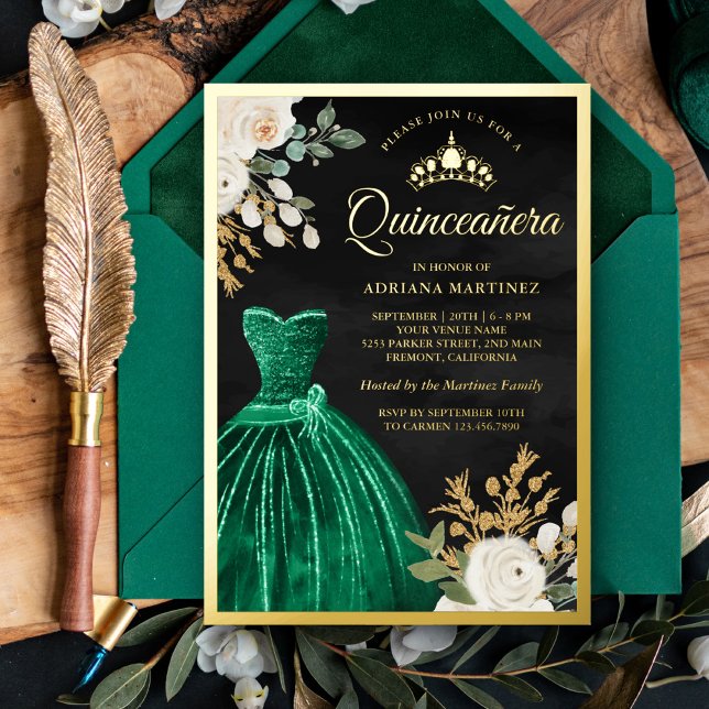 Invitación Con Relieve Metalizado Esmeralda Verde vestido Floral Negro Quinceanera G (Subido por el creador)