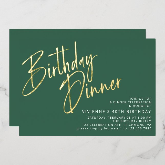 Invitación Con Relieve Metalizado Esmeralda Verde y oro Cena de cumpleaños moderna s (Anverso/Reverso)