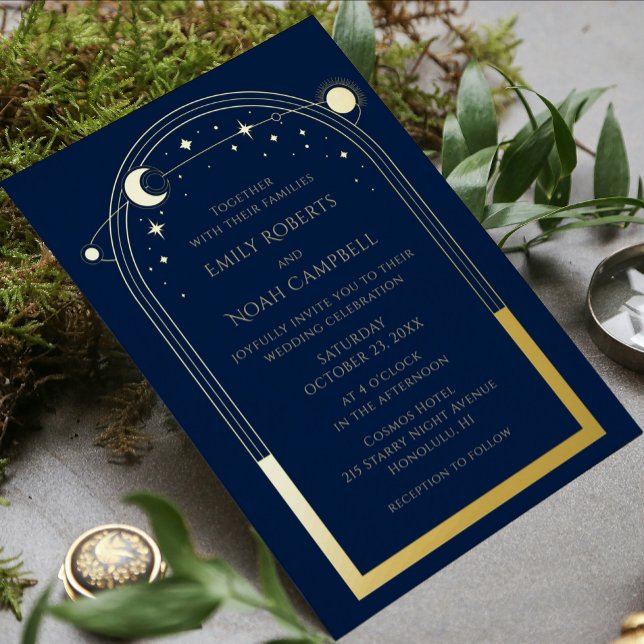 Invitación Con Relieve Metalizado Espacio Astronómico Mystical Blue Gold Sun Moon (Subido por el creador)