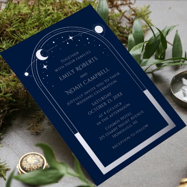 Invitación Con Relieve Metalizado Espacio Astronómico Mystical Blue Silver Sun Moon (Subido por el creador)