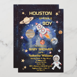 Invitación Con Relieve Metalizado Espacio Ultraterrestre Houston Tenemos un niño Bab