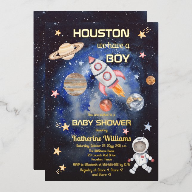 Invitación Con Relieve Metalizado Espacio Ultraterrestre Houston Tenemos un niño Bab (Anverso/Reverso)