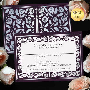 Invitación Con Relieve Metalizado Espada de plata medieval de berenjena RSVP de boda