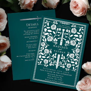Invitación Con Relieve Metalizado Espada de plata medieval real turquesa detalles de
