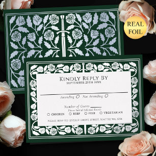 Invitación Con Relieve Metalizado Espada de plata medieval verde RSVP boda real