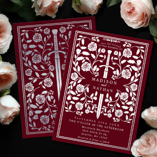 Invitación Con Relieve Metalizado Espada de plata real medieval roja para boda