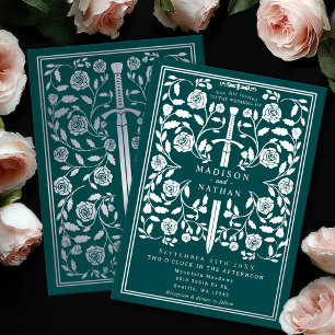 Invitación Con Relieve Metalizado Espada de plata real medieval teal para boda