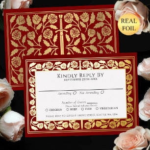 Invitación Con Relieve Metalizado Espada dorada medieval escarlata RSVP de boda real