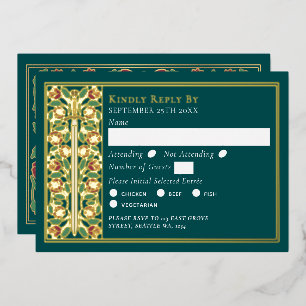 Invitación Con Relieve Metalizado Espada Floral Medieval Turquesa Dorada RSVP de Bod