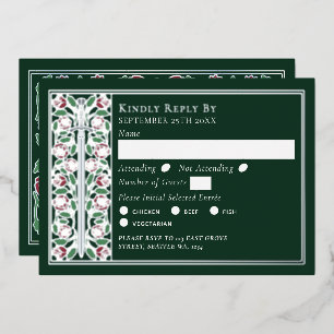 Invitación Con Relieve Metalizado Espada floral medieval verde plateada RSVP de boda