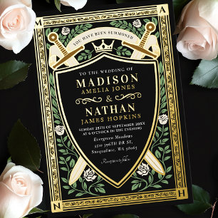 Invitación Con Relieve Metalizado Espada Floral Negra Fantasía Escudo Monograma Boda