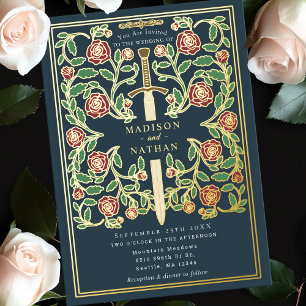Invitación Con Relieve Metalizado Espada gris floral boda de fantasía medieval 