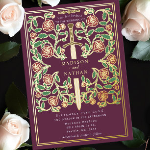 Invitación Con Relieve Metalizado Espada Malva Floral Fantasía Medieval Boda