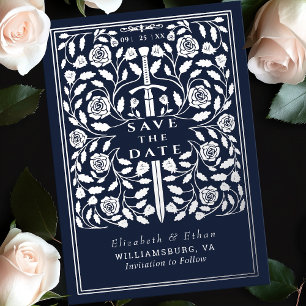 Invitación Con Relieve Metalizado Espada Medieval Azul Real Save the Date Boda