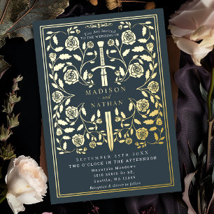 Invitación Con Relieve Metalizado Espada Medieval Real Gris Boda
