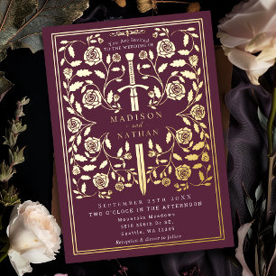Invitación Con Relieve Metalizado Espada Medieval Real Malva Boda