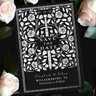Invitación Con Relieve Metalizado Espada Medieval Real Negra Save the Date de Boda