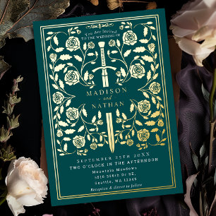 Invitación Con Relieve Metalizado Espada Medieval Real Turquesa Boda