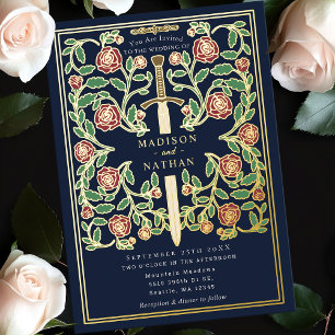 Invitación Con Relieve Metalizado Espada Real Azul Floral Medieval Fantasía Boda