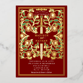 Invitación Con Relieve Metalizado Espada Real Escarlata Fantasía Floral Boda