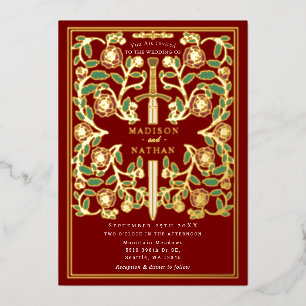 Invitación Con Relieve Metalizado Espada Real Escarlata Fantasía Floral Boda