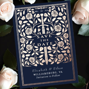 Invitación Con Relieve Metalizado Espada Real Medieval Azul Save the Date de Boda