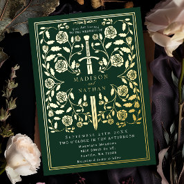 Invitación Con Relieve Metalizado Espada Real Medieval Verde de Boda