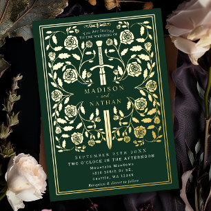 Invitación Con Relieve Metalizado Espada Real Medieval Verde de Boda