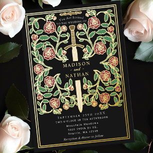 Invitación Con Relieve Metalizado Espada Real Negra Floral Fantasía Medieval Boda