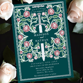 Invitación Con Relieve Metalizado Espada Real Plateada Verde Azulada Boda de Fantasí