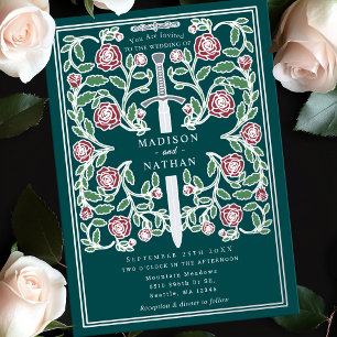 Invitación Con Relieve Metalizado Espada Real Plateada Verde Azulada Boda de Fantasí