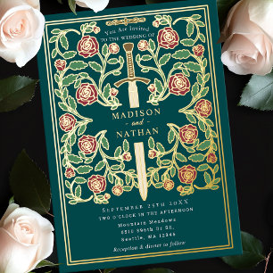 Invitación Con Relieve Metalizado Espada Teal Floral Fantasía Medieval Boda