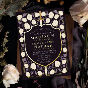 Invitación Con Relieve Metalizado Espada y Escudo Bodas de Monograma de Fantasía Med