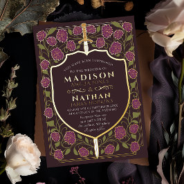 Invitación Con Relieve Metalizado Espada y Escudo Monograma de Boda de Fantasía Medi