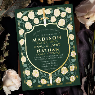 Invitación Con Relieve Metalizado Espada y Escudo Monograma de Boda de Fantasía Medi