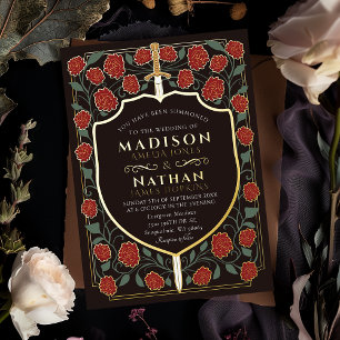Invitación Con Relieve Metalizado Espada y Escudo Monograma Medieval Fantasía Boda