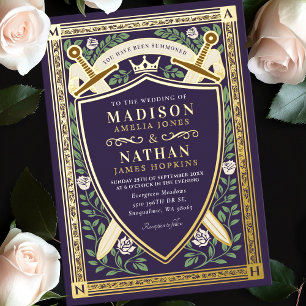 Invitación Con Relieve Metalizado Espadas Florales de Fantasía Escudo Monograma Boda