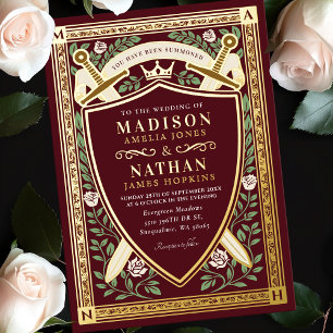 Invitación Con Relieve Metalizado Espadas Florales Rojas Fantasía Escudo Monograma B