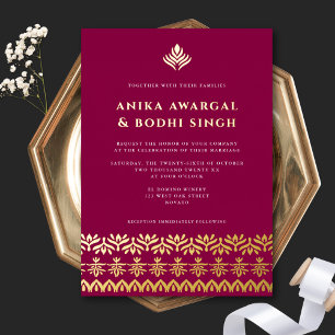 Invitación Con Relieve Metalizado Espléndida frontera india ornamentada boda oro